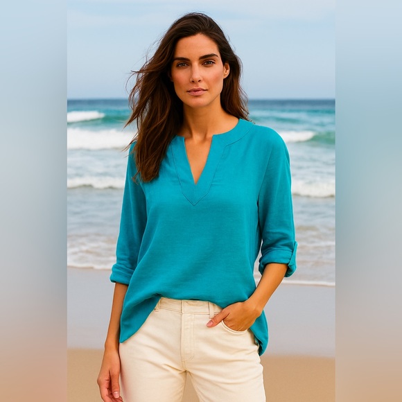 Lauren Ralph Lauren Tops - Ralph Lauren Turquoise Linen Blouse V neck Tunic Beach Resort wear Classic Prep